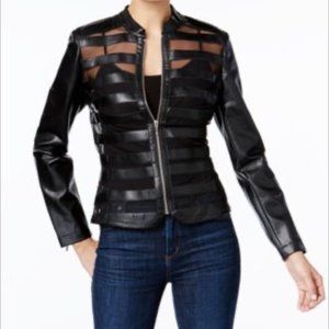 INC INTERNATIONAL CONCEPTS Mesh and Faux Leather Striped Jacket, Size Petite M